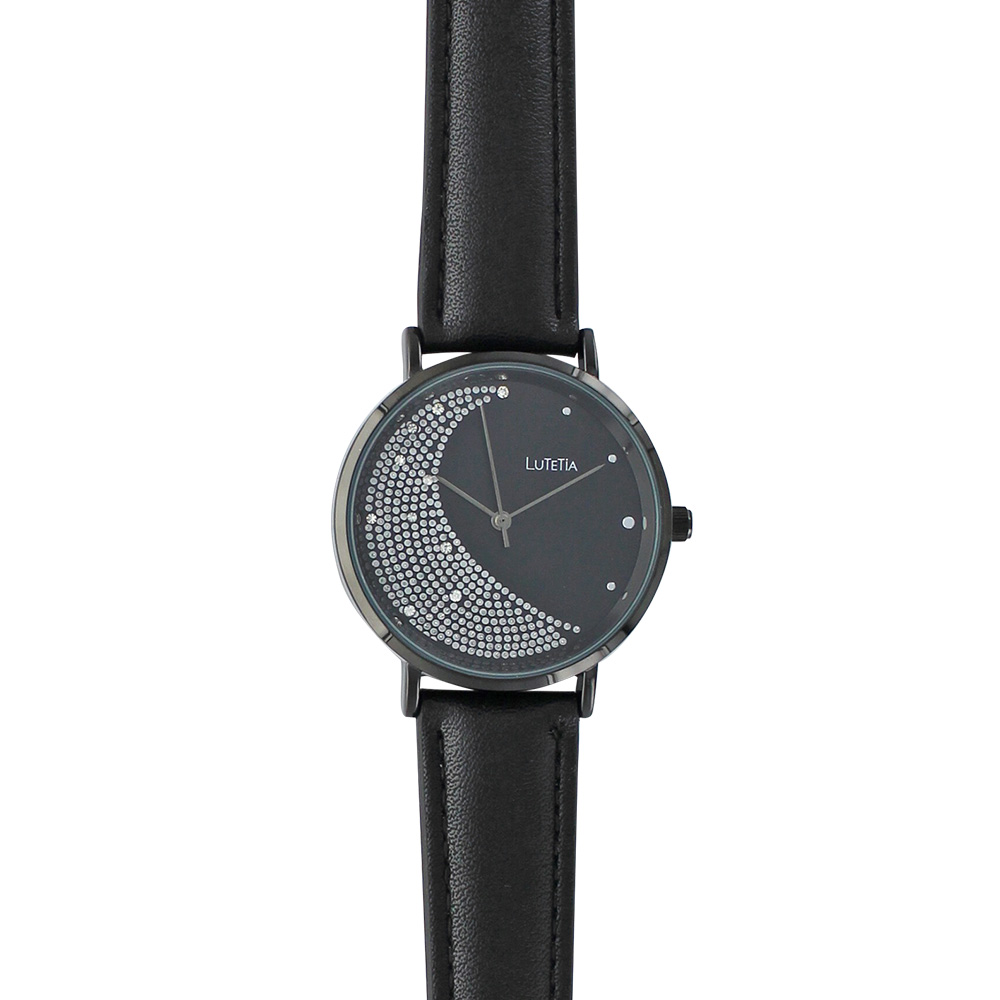 Montre dame Lutetia noire avec forme lune en pierres synthétiques et bracelet synthétique