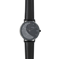 Montre dame Lutetia noire avec forme lune en pierres synthétiques et bracelet synthétique