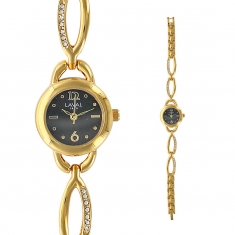 Montre dame métal doré avec boîtier fond noir et bracelet avec pierres synthétiques
