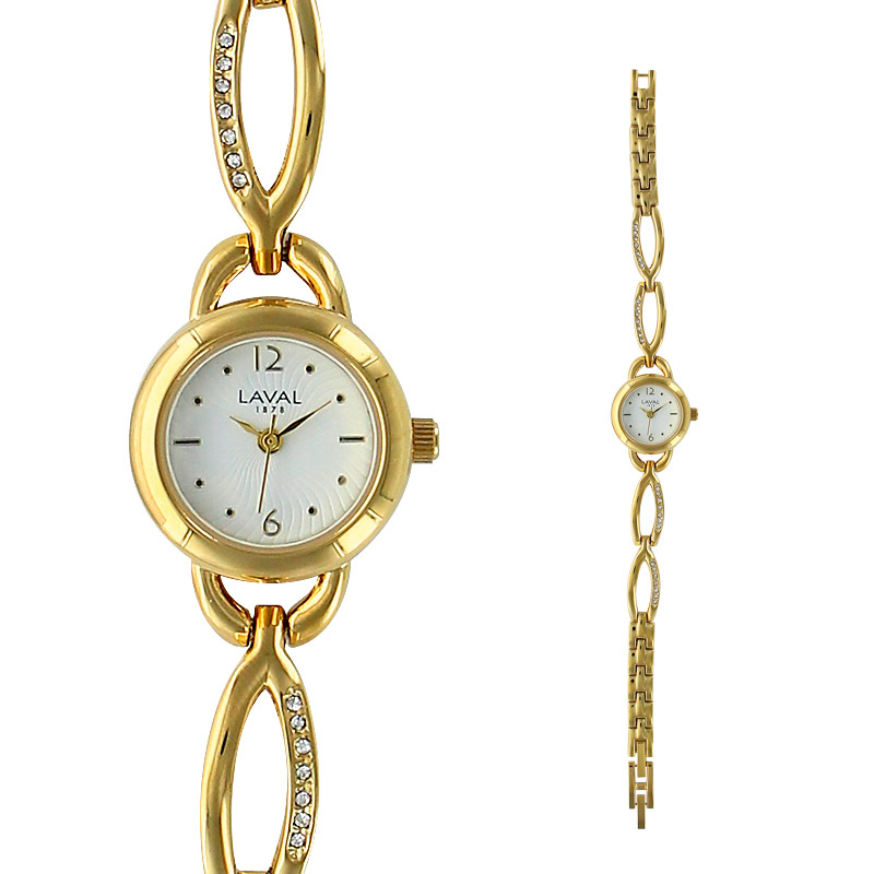Montre dame métal doré, boîtier fond blanc, bracelet avec pierres synthétiques
