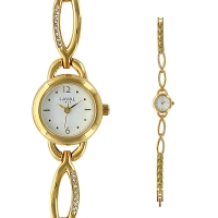 Montre dame métal doré, boîtier fond blanc, bracelet avec pierres synthétiques