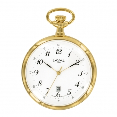 Montre de poche laiton doré, 3 aiguilles, chiffres arabes, dato 6h