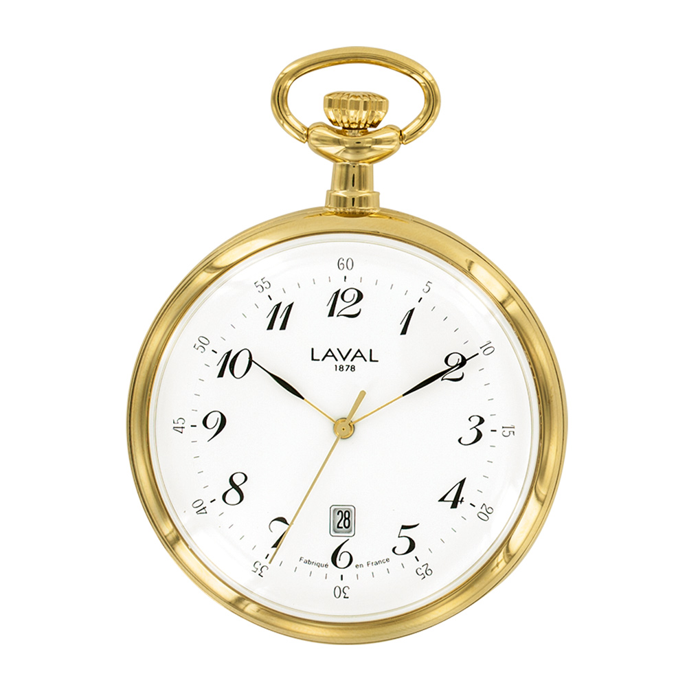 Montre de poche laiton doré, 3 aiguilles, chiffres arabes, dato 6h