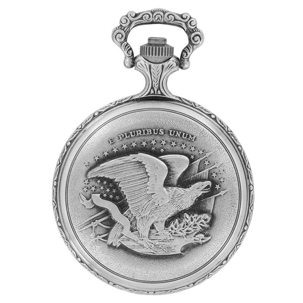 Montre de poche motifs moto et aigle en palladium, clapet, dato 3h, chiffres arabes