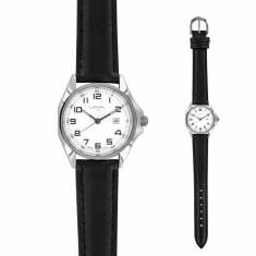 Montre de travail dame acier, cadran blanc, 2 affichages chiffres arabes, bracelet synthétique noir