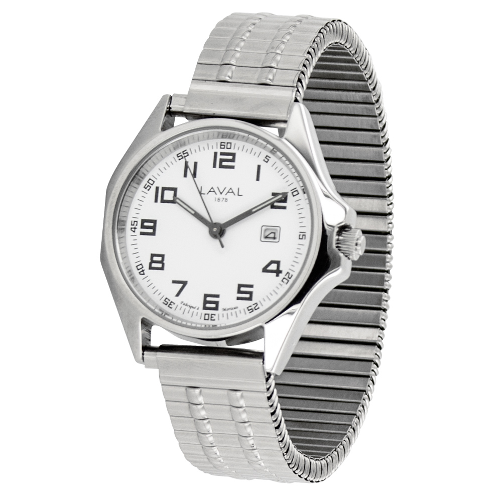 Montre de travail dame acier, cadran blanc, 2 affichages chiffres arabes, bracelet extensible