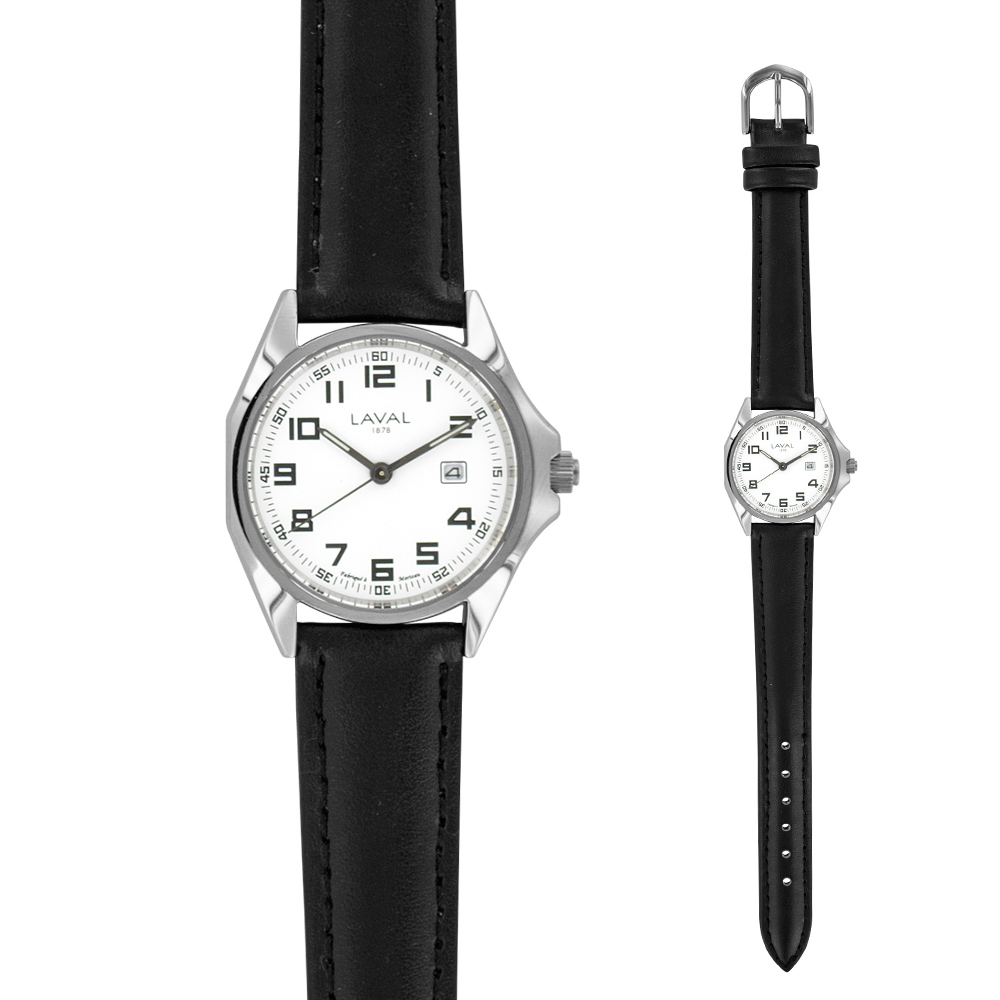 Montre de travail dame acier, cadran blanc, 2 affichages chiffres arabes, bracelet synthétique noir