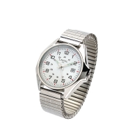 Montre de travail dame acier, cadran blanc, index rouge, chiffes arabes, bracelet extensible