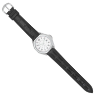 Montre de travail dame acier, cadran blanc, index rouge, chiffes arabes, bracelet synthétique noir