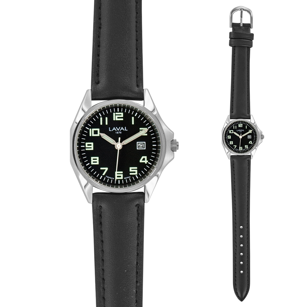 Montre de travail dame acier, cadran noir, chiffes arabes verts, bracelet synthétique noir
