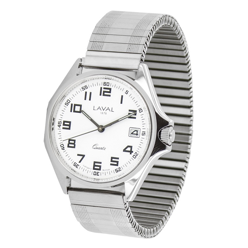 Montre de travail homme acier, cadran blanc, 2 affichages chiffres arabes, bracelet acier extensible