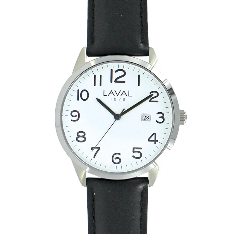 Montre de travail homme acier, cadran blanc, bracelet cuir de bovin noir
