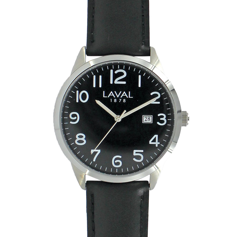 Montre de travail homme acier, cadran blanc, bracelet cuir de bovin noir