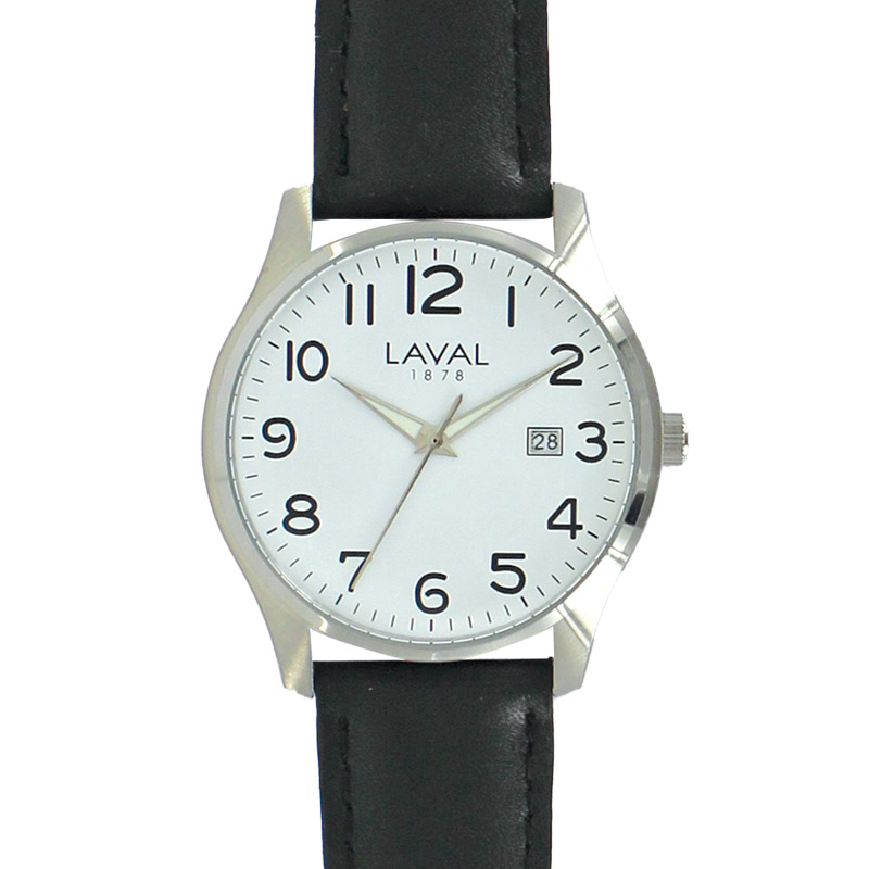 Montre de travail homme acier, cadran blanc, bracelet cuir de bovin noir, mvt 2115