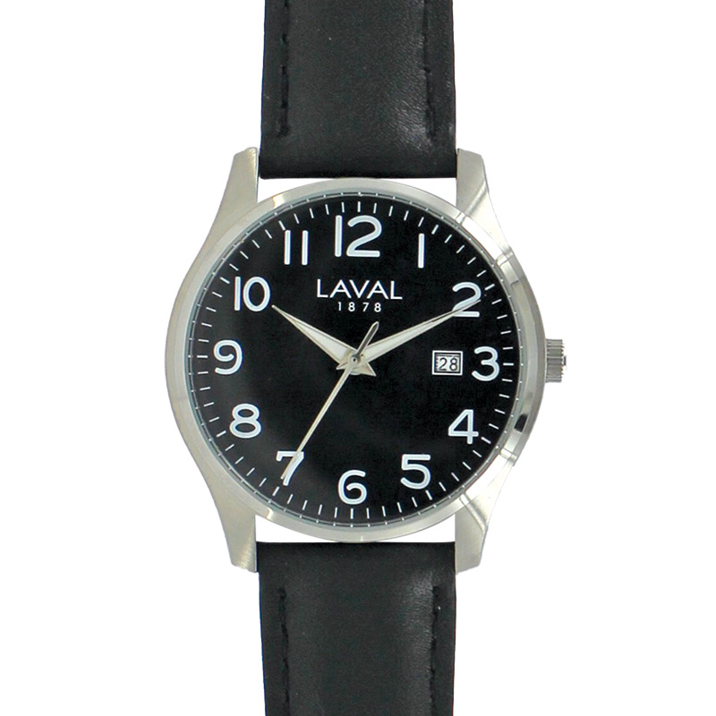 Montre de travail homme acier, cadran blanc, bracelet cuir de bovin noir, mvt 2115