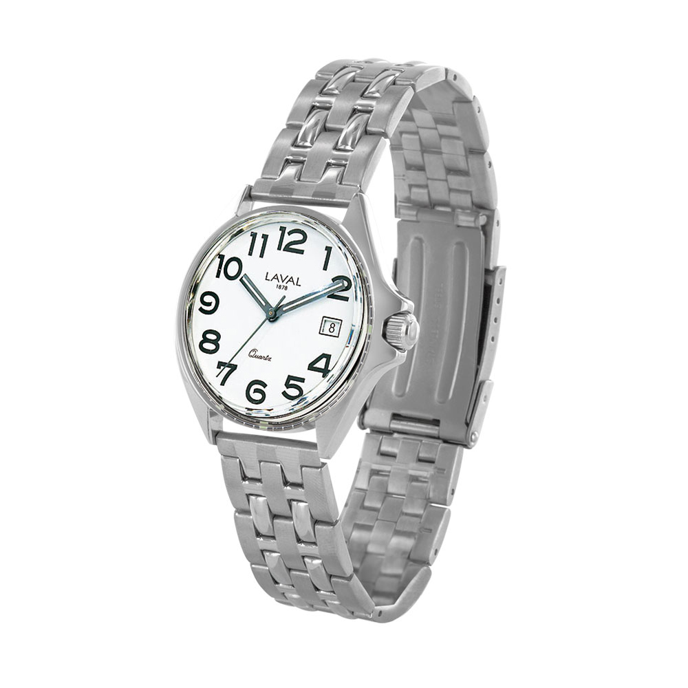 Montre de travail homme acier, cadran blanc, chiffres arabes, dato 3h et bracelet boucle déployante