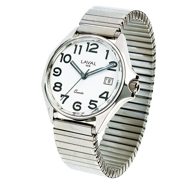 Montre de travail homme acier, cadran blanc, chiffres arabes, dato 3h et bracelet extensible