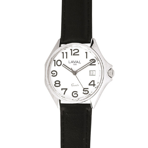 Montre de travail homme acier, cadran blanc, chiffres arabes, dato 3h et bracelet synthétique noir