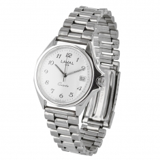 Montre de travail homme acier, cadran blanc, dato 3h, chiffres arabes, bracelet boucle déployante