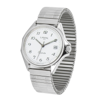 Montre de travail homme acier, cadran blanc, dato 3h, chiffres arabes, bracelet extensible
