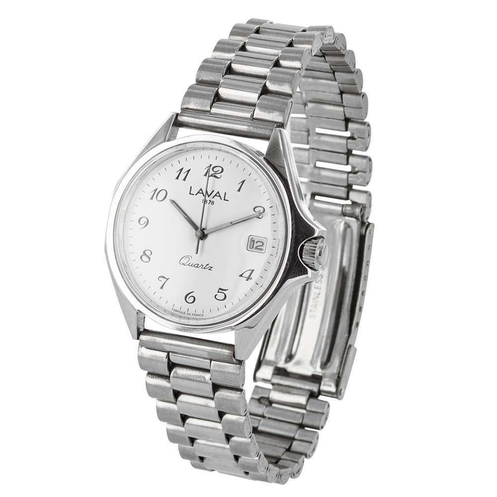 Montre de travail homme acier, cadran blanc, dato 3h, chiffres arabes, bracelet boucle déployante