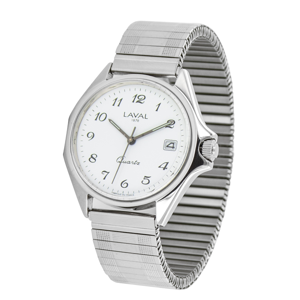 Montre de travail homme acier, cadran blanc, dato 3h, chiffres arabes, bracelet extensible