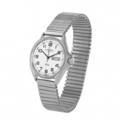 Montre de travail homme acier, cadran blanc, index, dato 3h et bracelet acier extensible