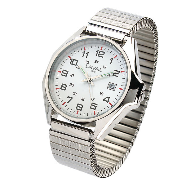 Montre de travail homme acier, cadran blanc, index, dato 3h et bracelet acier extensible