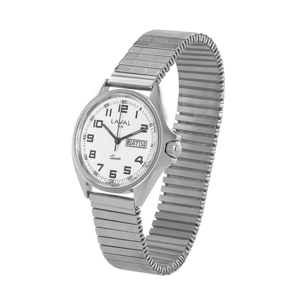 Montre de travail homme acier, cadran blanc, index, dato 3h et bracelet acier extensible