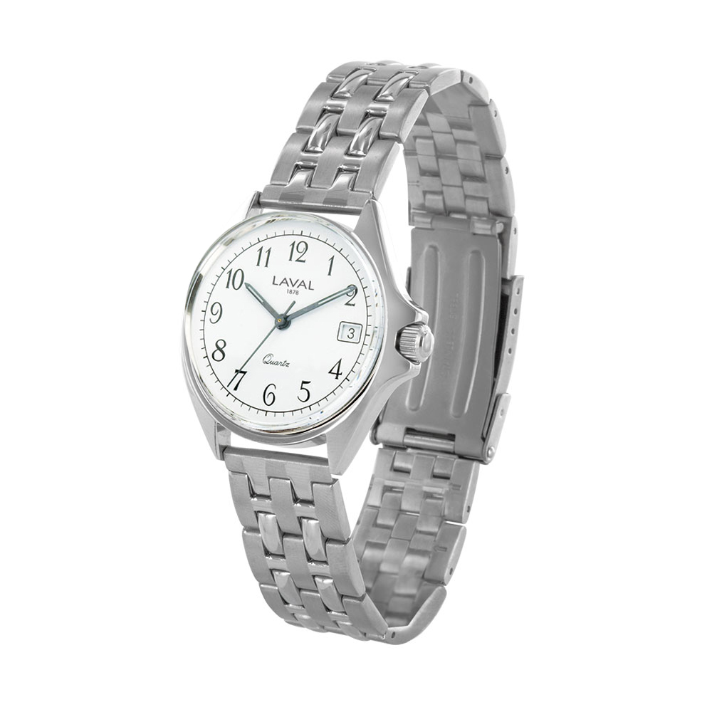 Montre de travail homme acier, cadran blanc, index, dato 3h et bracelet boucle déployante