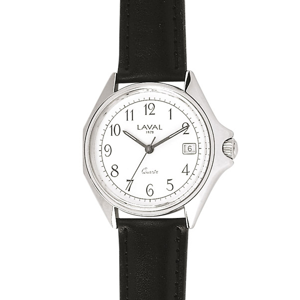 Montre de travail homme acier, cadran blanc, index, dato 3h et bracelet synthétique noir