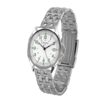 Montre de travail homme acier, cadran blanc/vert, dato 3h, index, bracelet boucle déployante