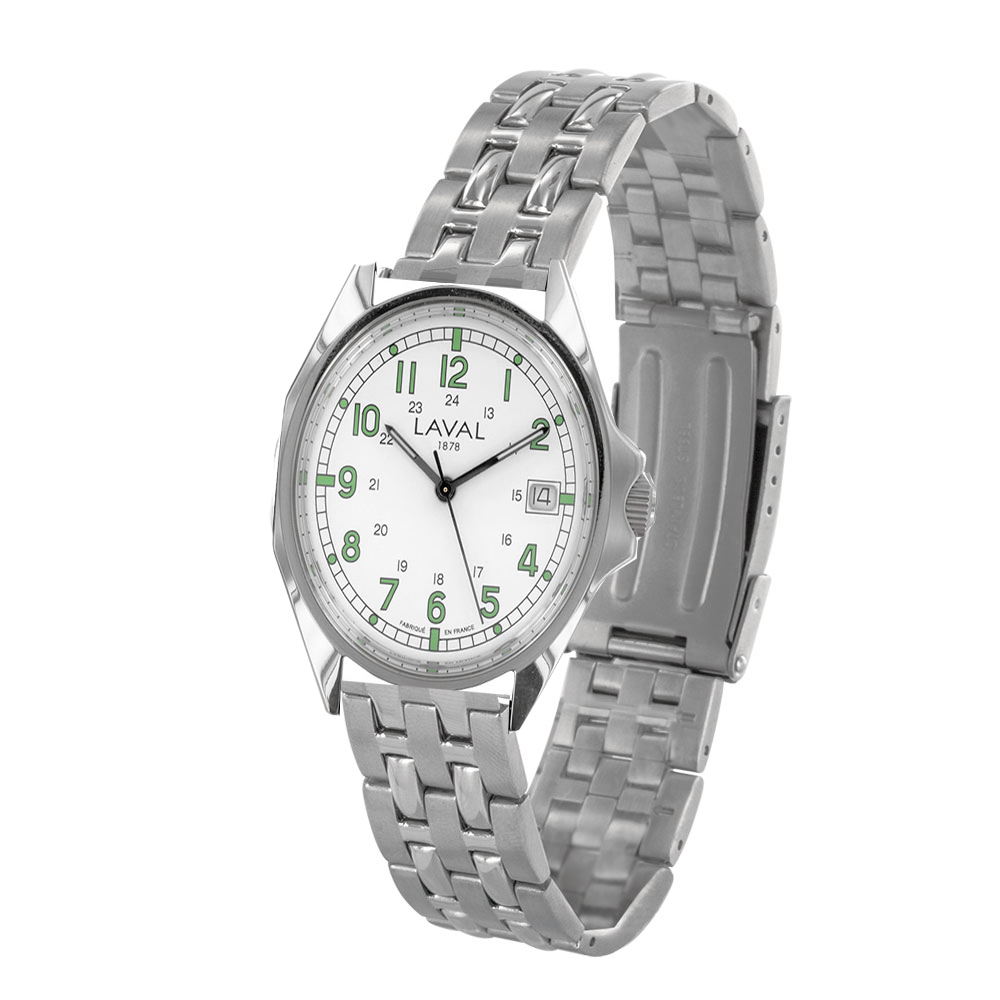 Montre de travail homme acier, cadran blanc/vert, dato 3h, index, bracelet boucle déployante