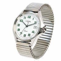 Montre de travail homme acier, cadran blanc/vert, index, dato 3h et bracelet acier extensible