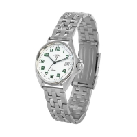 Montre de travail homme acier, cadran blanc/vert, index, dato 3h et bracelet acier extensible