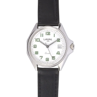 Montre de travail homme acier, cadran blanc/vert, index, dato 3h et bracelet synthétique noir
