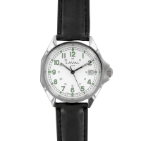 Montre de travail homme acier, cadran blanc/vert, index, dato 3h et bracelet synthétique noir