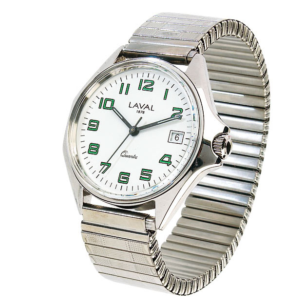 Montre de travail homme acier, cadran blanc/vert, index, dato 3h et bracelet acier extensible