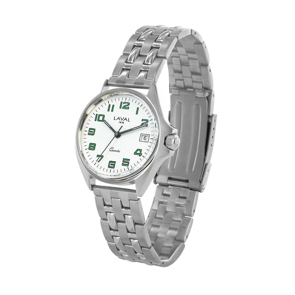 Montre de travail homme acier, cadran blanc/vert, index, dato 3h et bracelet acier extensible