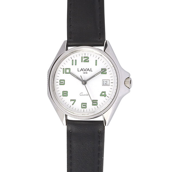 Montre de travail homme acier, cadran blanc/vert, index, dato 3h et bracelet synthétique noir