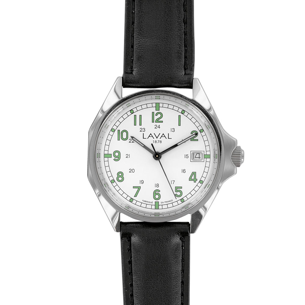 Montre de travail homme acier, cadran blanc/vert, index, dato 3h et bracelet synthétique noir