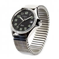 Montre de travail homme acier, cadran noir, index, dato 3h et bracelet acier extensible