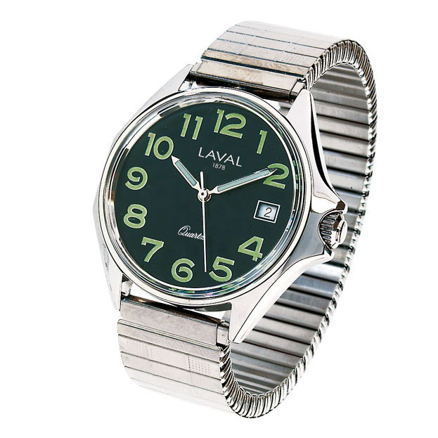 Montre de travail homme acier, cadran noir/vert, dato 3h, chiffres arabes, bracelet extensible