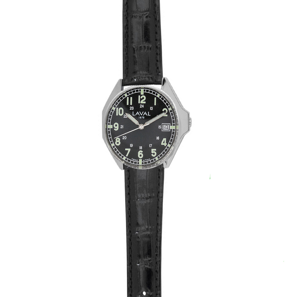 Montre de travail homme acier, cadran noir/vert, index, dato 3h et bracelet synthétique noir