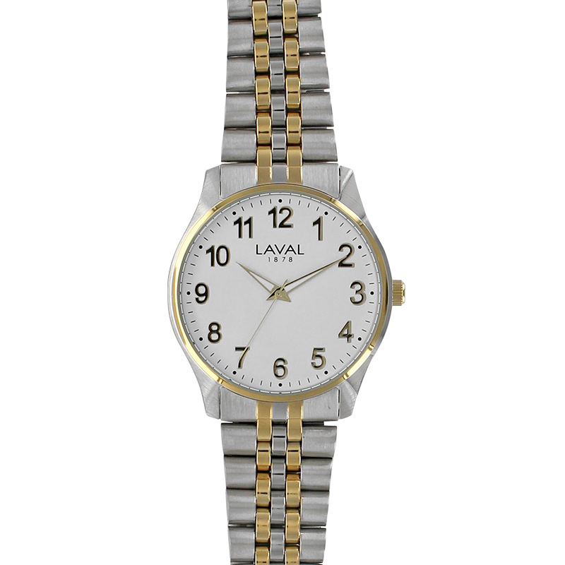 Montre de travail homme boîtier acier bicolore, cadran blanc et bracelet métal bicolore