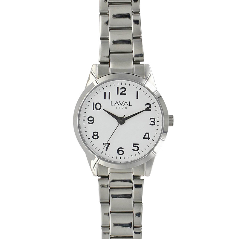 Montre de travail homme boîtier acier, cadran blanc et bracelet acier argenté