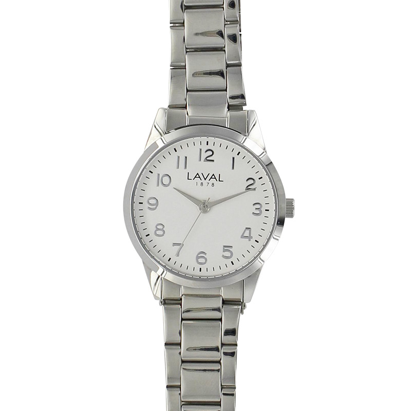 Montre de travail homme boîtier acier, cadran blanc et bracelet acier argenté