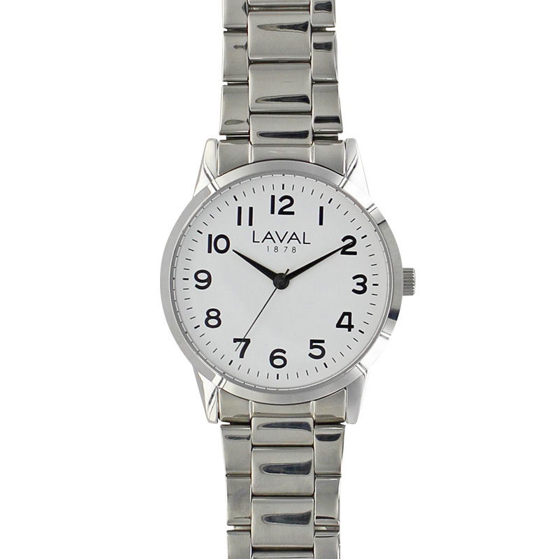 Montre de travail homme boîtier acier, cadran blanc et bracelet acier argenté