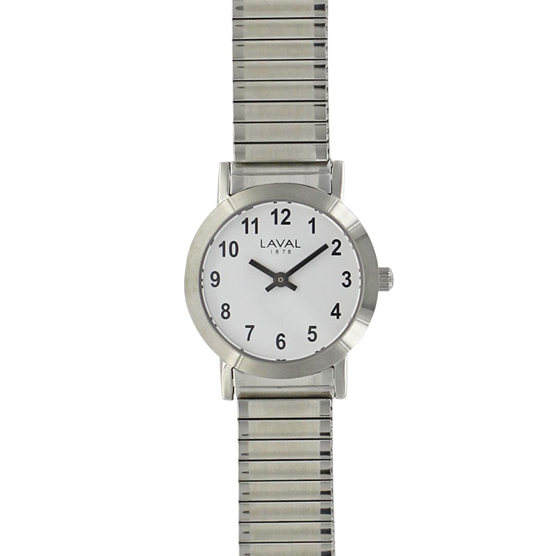 Montre de travail homme boîtier acier, cadran blanc et bracelet acier argenté extensible