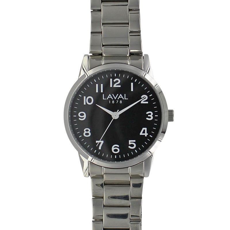 Montre de travail homme boîtier acier, cadran noir et bracelet acier argenté